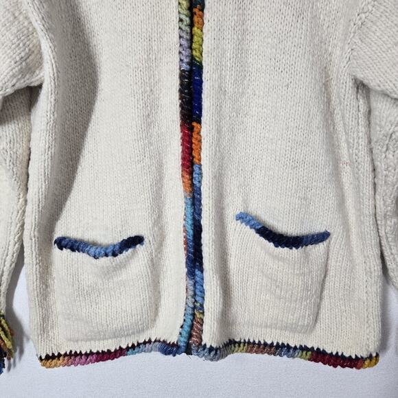 The Sweater Venture Hand Knit Wool Alpaca Cardigan Ivory Multi Fringe Zip Front - Picture 3 of 15
